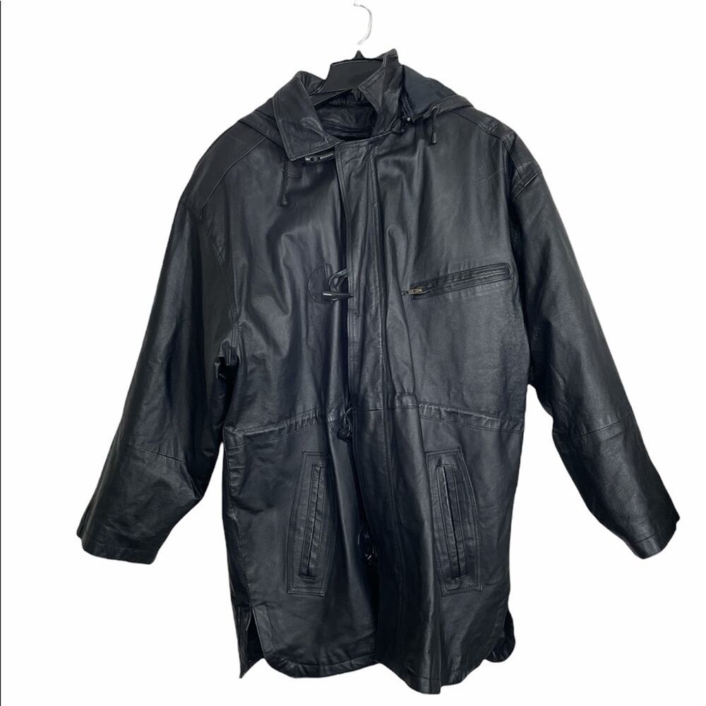 Fashion Elements Men's Leather Coat Black Large Removable Hood
